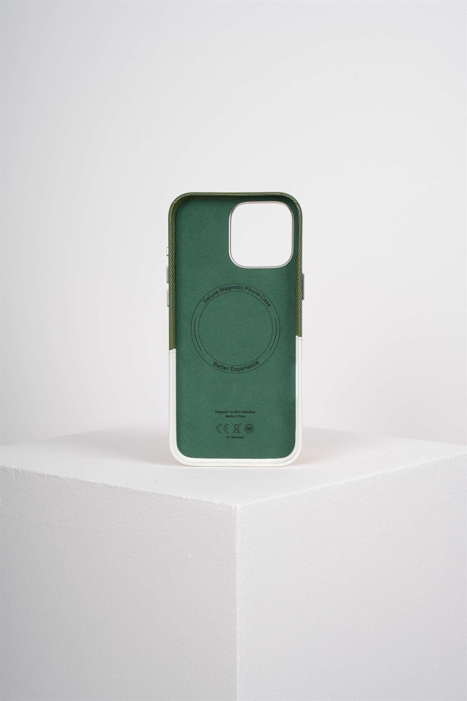 Nova Iphone 16 Pro Deri Kartlıklı Telefon Kılıfı Yeşil-Beyaz 