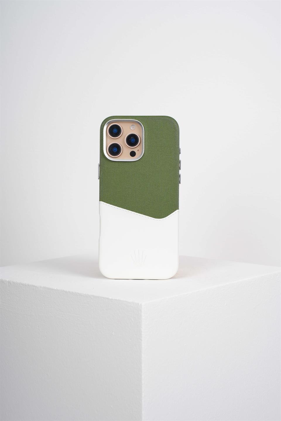 Nova Iphone 16 Pro Max Deri Kartlıklı Telefon Kılıfı Yeşil-Beyaz   