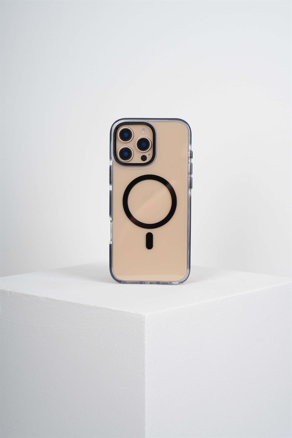 Onyx  Iphone 16 Pro Siyah Kılıf Manyetik Özellikli Şeffaf Sert Pc Embos Kılıf+Kamera Koruyucu