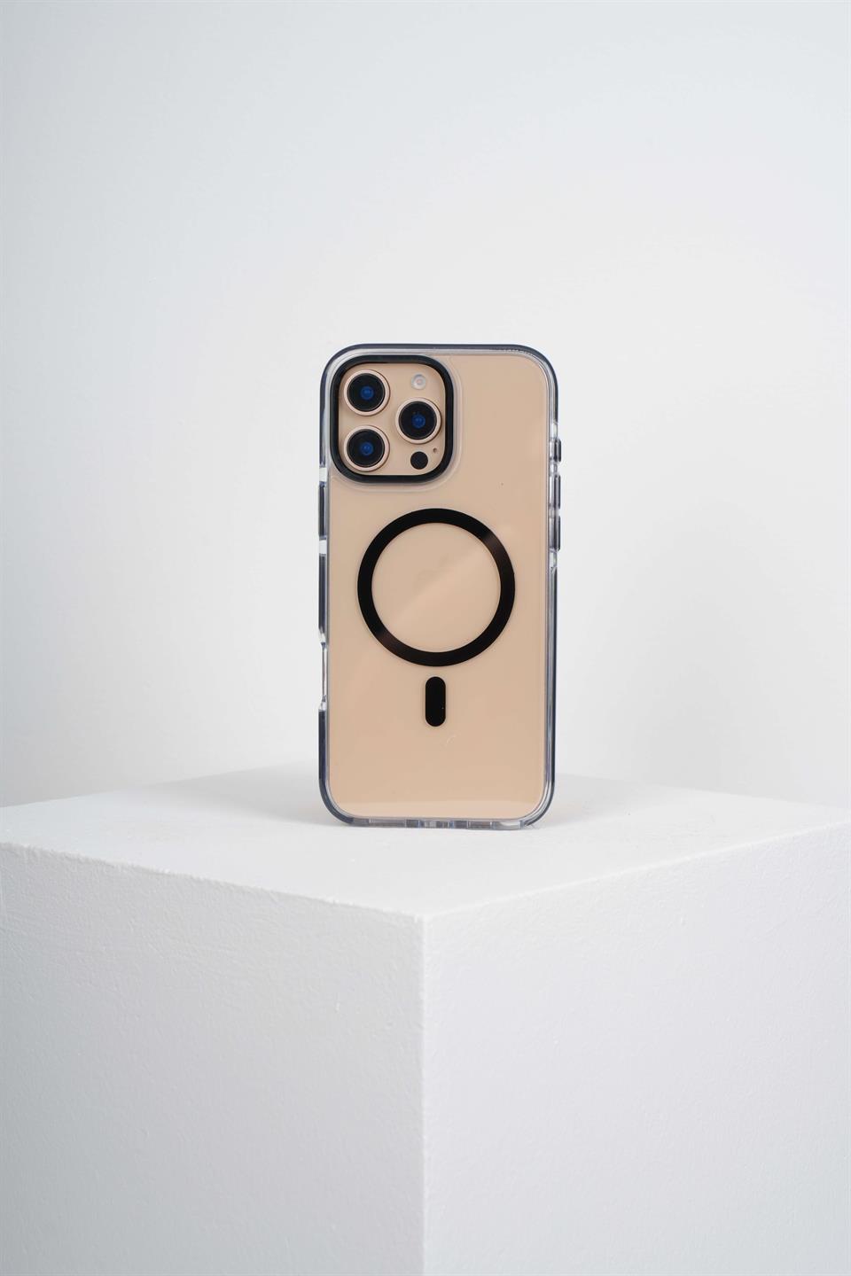 Onyx  Iphone 16 Pro Max Siyah Kılıf Manyetik Özellikli Şeffaf Sert Pc Embos Kılıf+Kamera Koruyucu