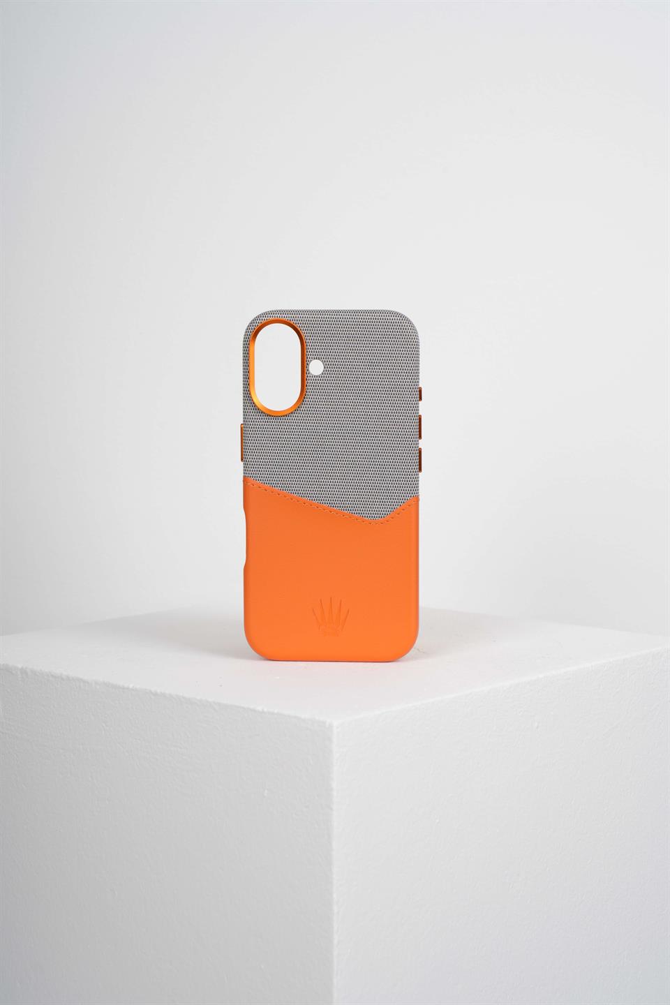 Nova Iphone 16 Deri Kartlıklı Telefon Kılıfı Turuncu-Gri 