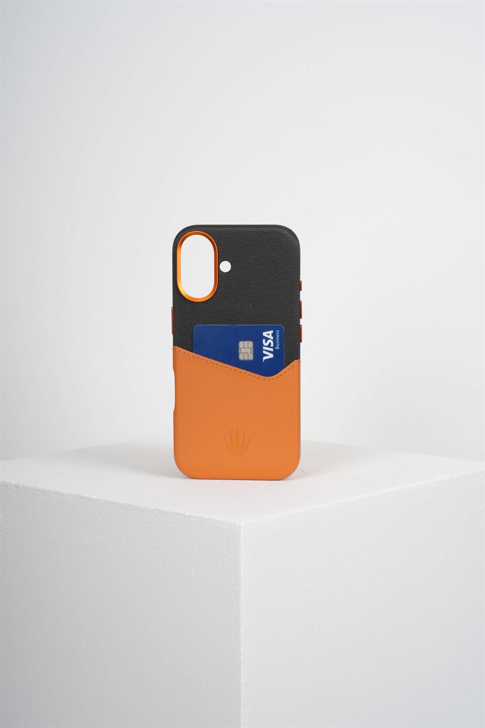 Nova Iphone 16 Deri Kartlıklı Telefon Kılıfı Siyah-Turuncu 