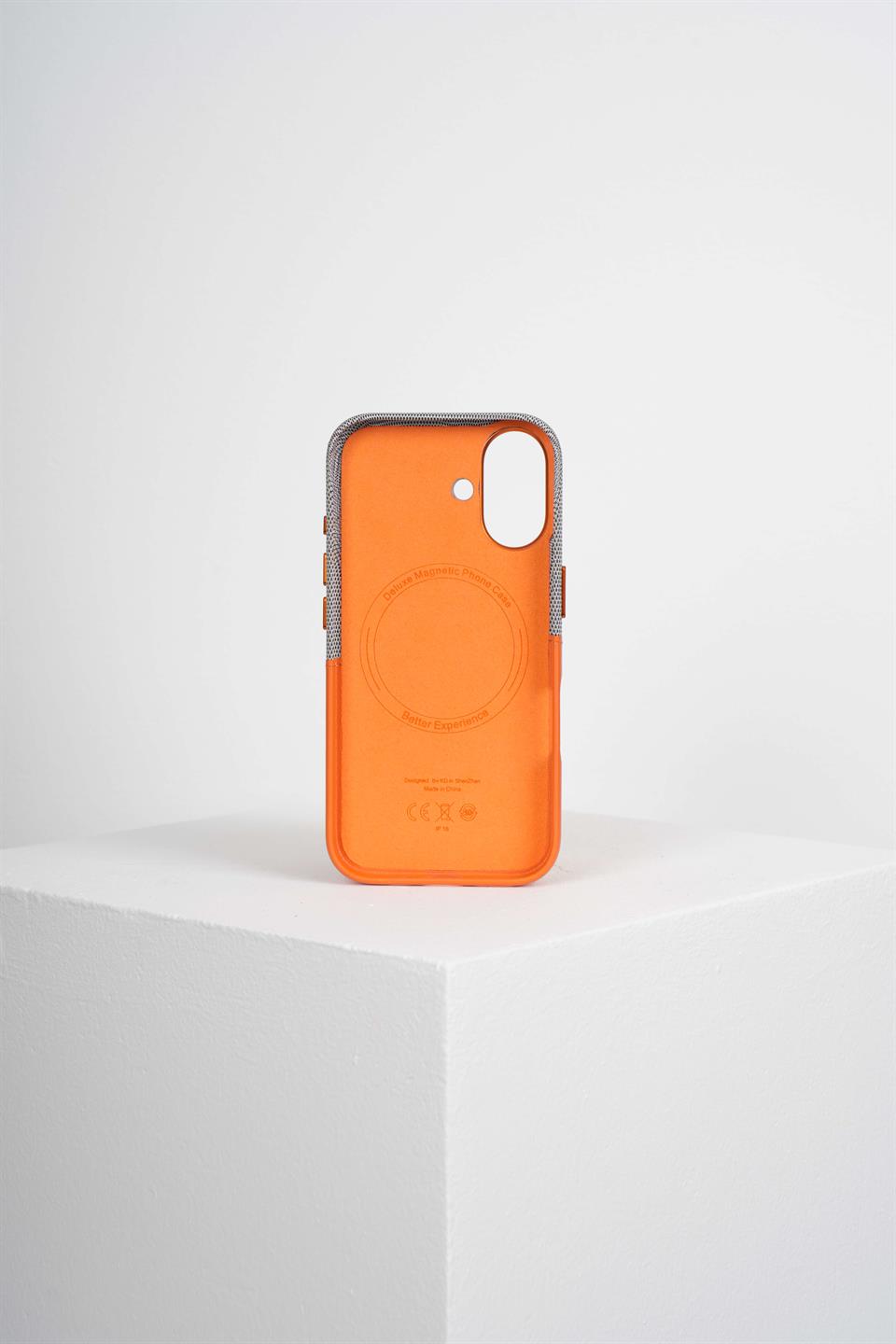 Nova Iphone 16 Deri Kartlıklı Telefon Kılıfı Turuncu-Gri 