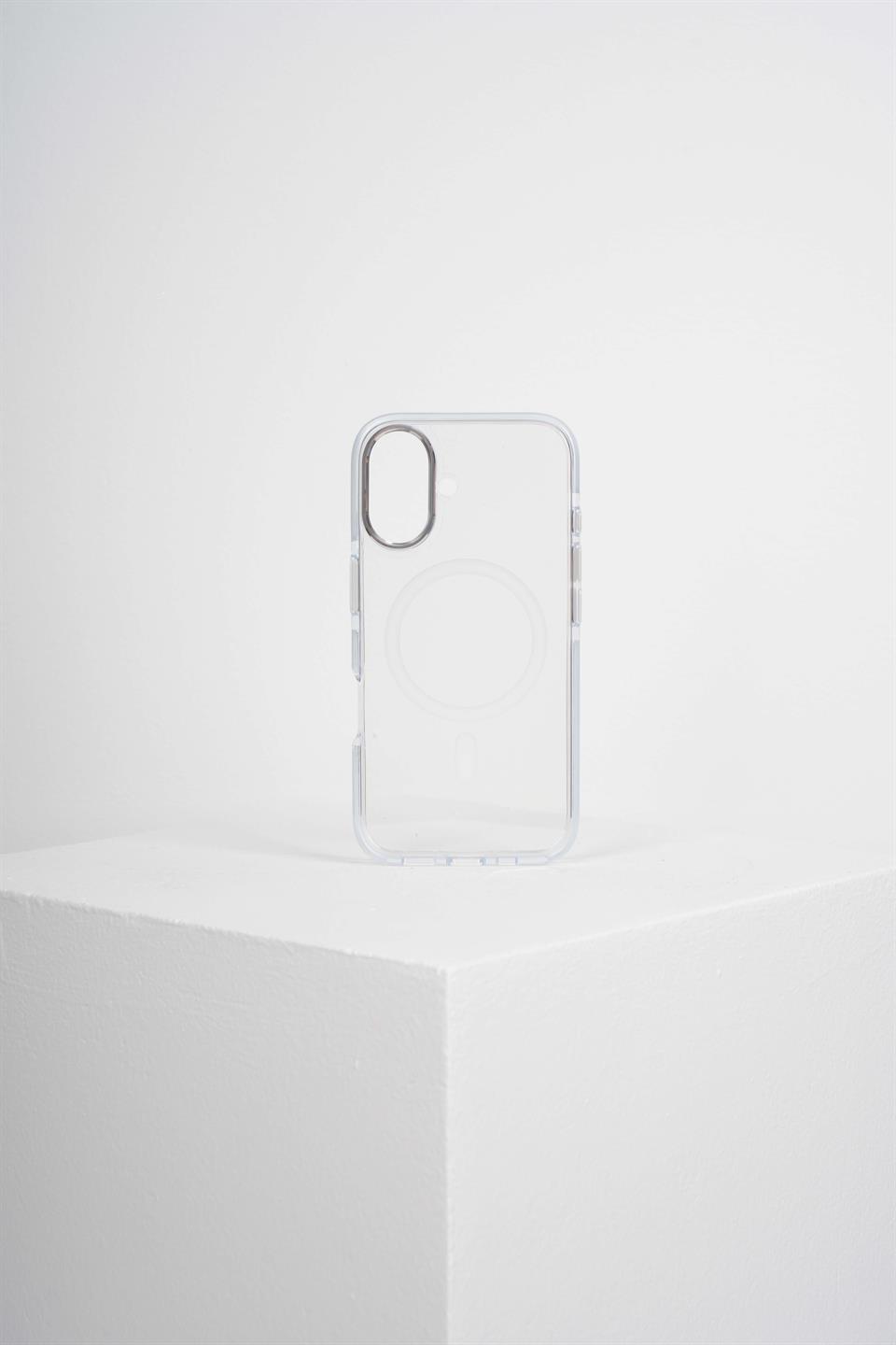 Onyx  Iphone 16 Beyaz Kılıf Manyetik Özellikli Şeffaf Sert Pc Embos Kılıf+Kamera Koruyucu