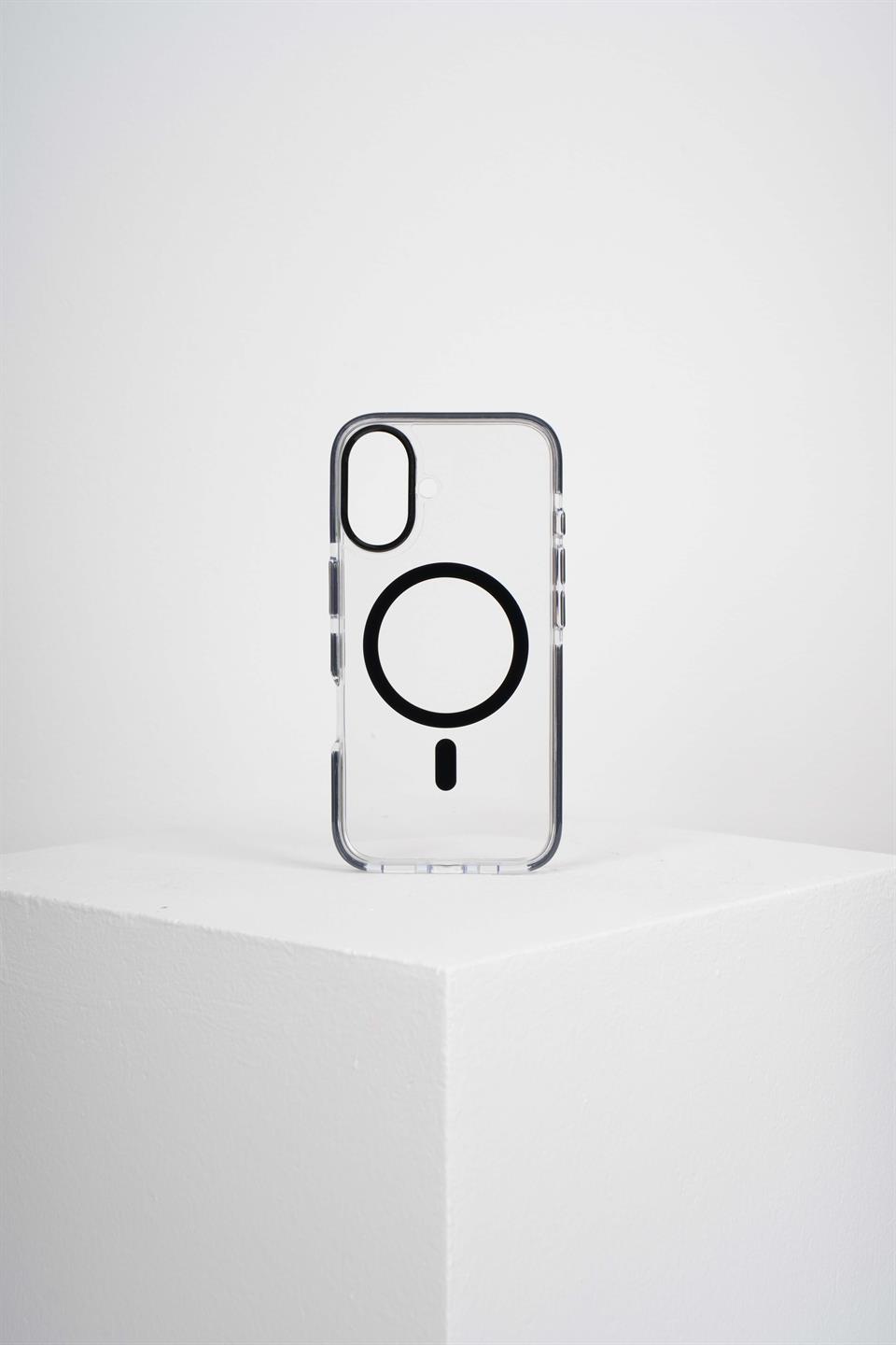 Onyx  Iphone 16 Siyah Kılıf Manyetik Özellikli Şeffaf Sert Pc Embos Kılıf+Kamera Koruyucu