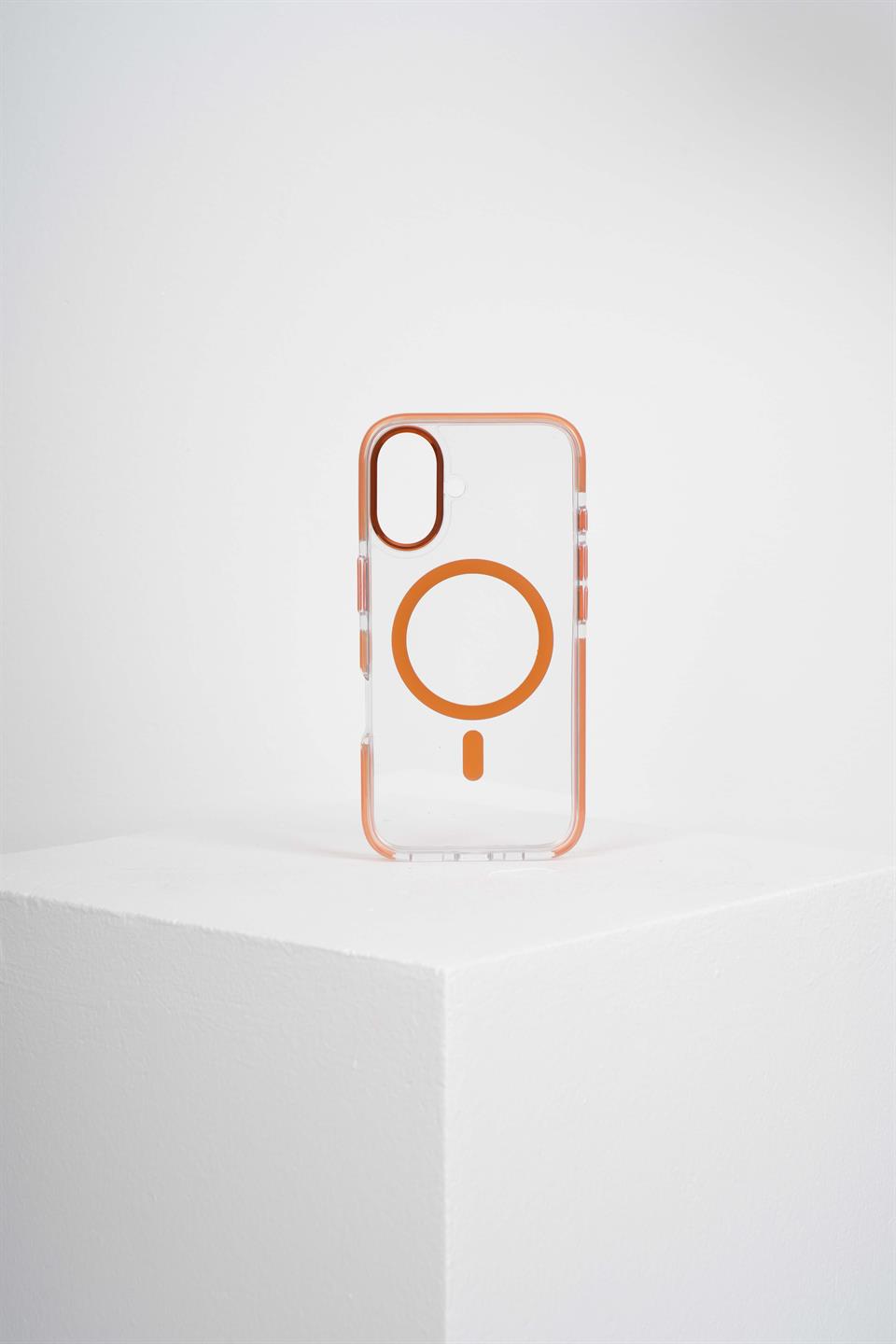 Onyx  Iphone 16 Turuncu Kılıf Manyetik Özellikli Şeffaf Sert Pc Embos Kılıf+Kamera Koruyucu