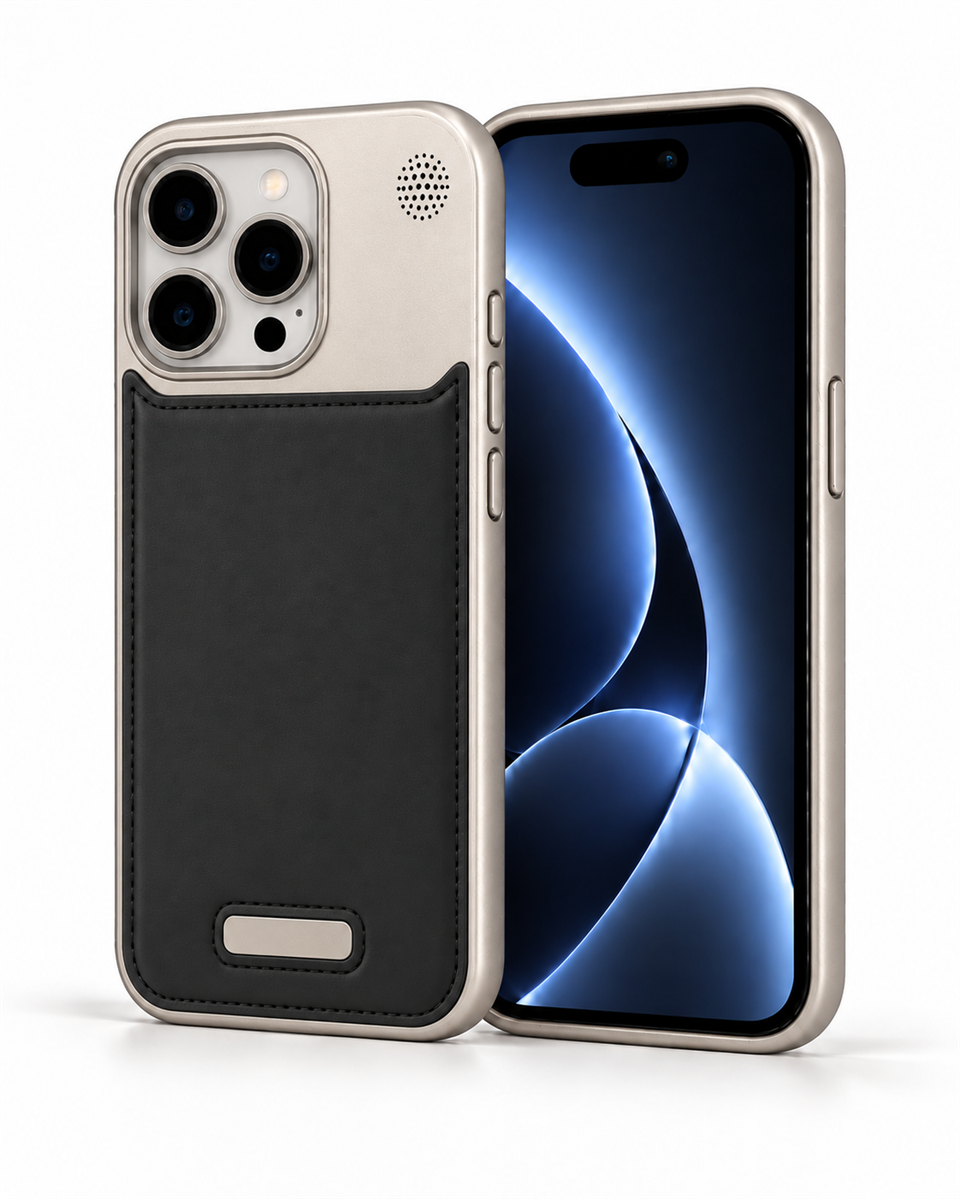 Therock 15 Pro Max Titanyum Gri Manyetik Özellikli Alüminyum Alaşımlı Hakiki Deri,Kokulu Metal Kızaklı Telefon Kılıfı