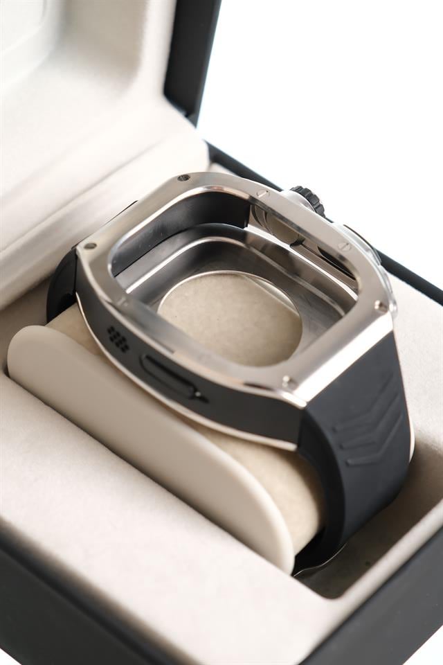 Apple Saat Kasa kordon Siyah Silver 49mm silikon kauçuk bant paslanmaz çelik kasa  iWatch ULTRA 