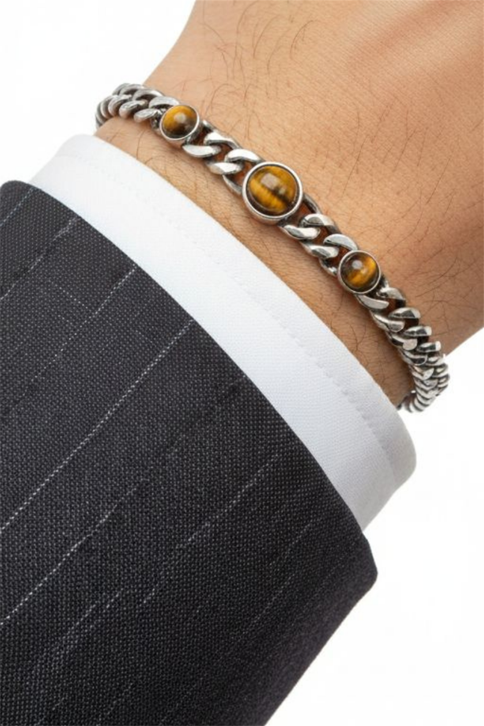 Beaded natural stone Silver Yellow Çelik Bileklik 