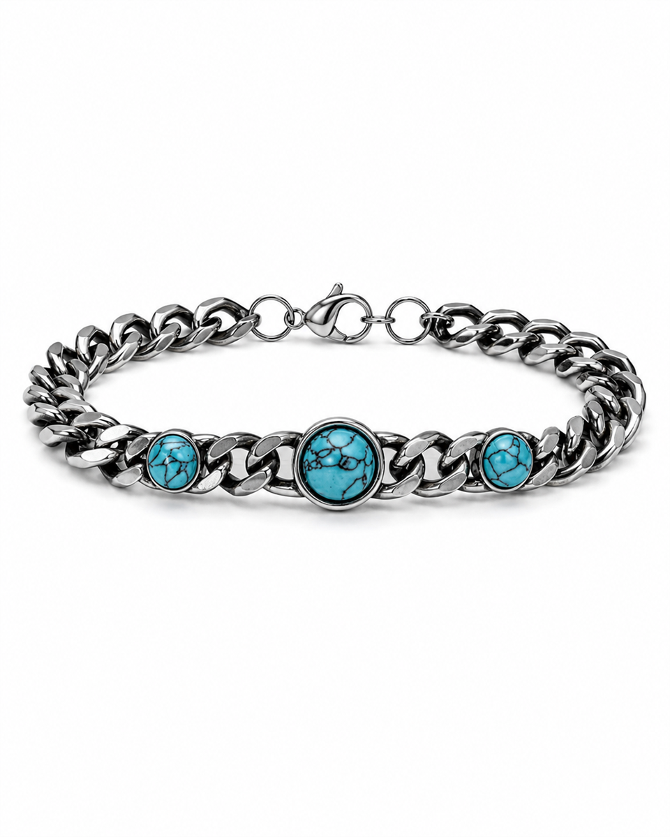 Beaded natural stone Silver Blue Çelik Bileklik 