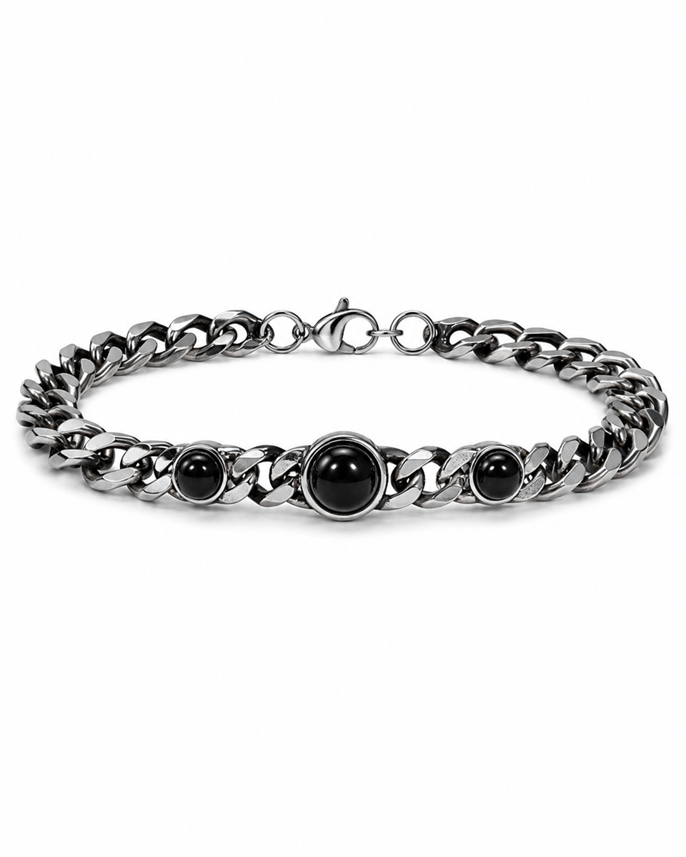 Beaded natural stone Silver Black Çelik Bileklik 