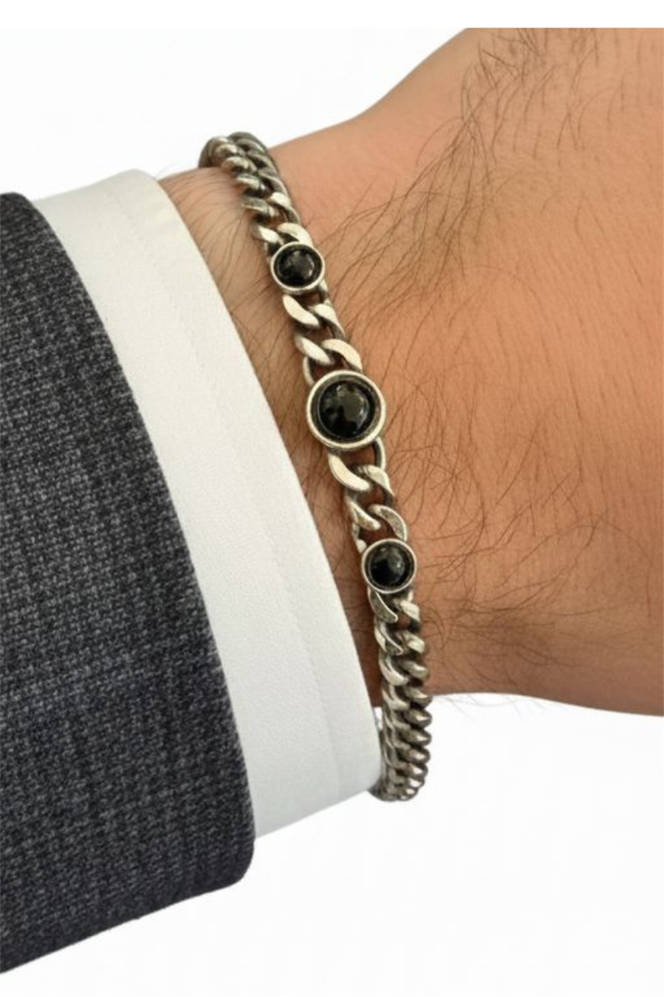 Beaded natural stone Silver Black Çelik Bileklik 