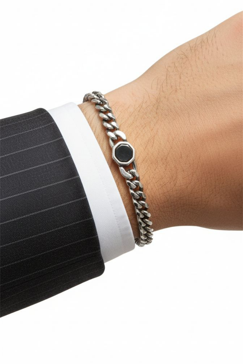 Clasp natural stone Silver Black Çelik Bileklik 