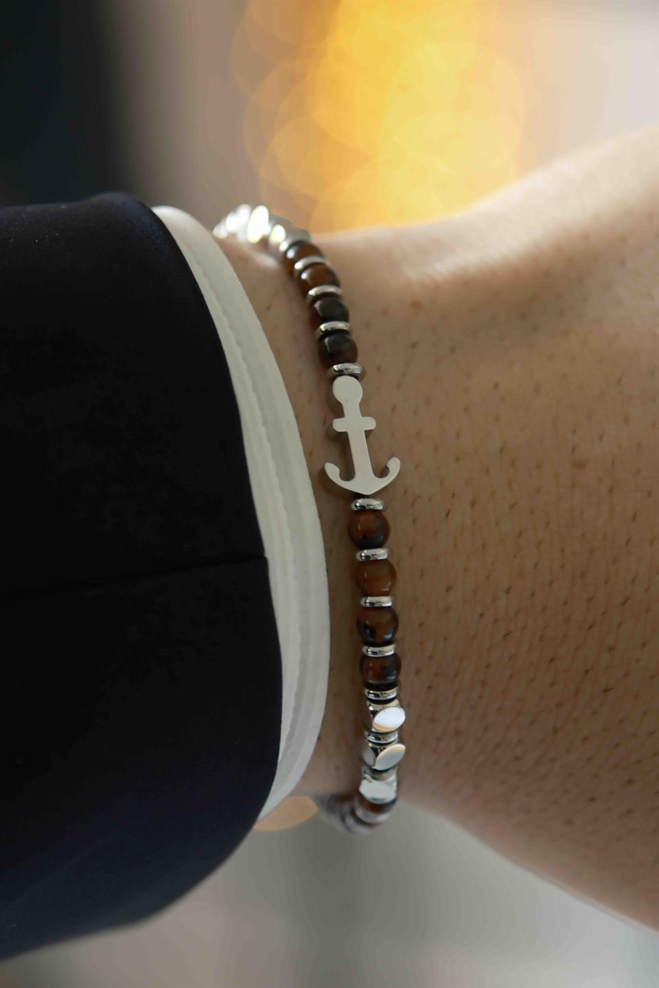 Marine Stone Silver Kahverengi Çelik Bileklik 