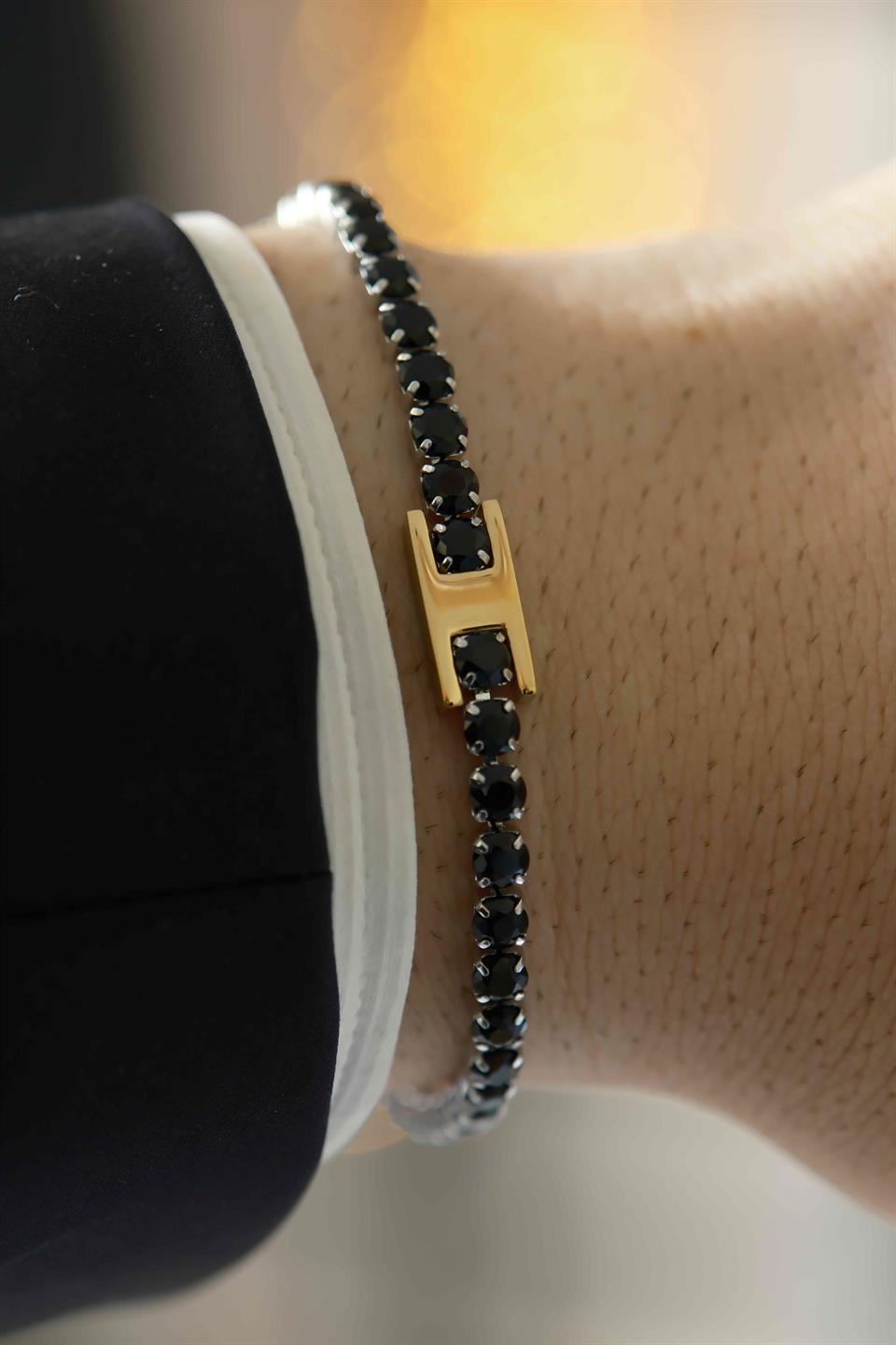 Black Stone Chain Çelik Bileklik 