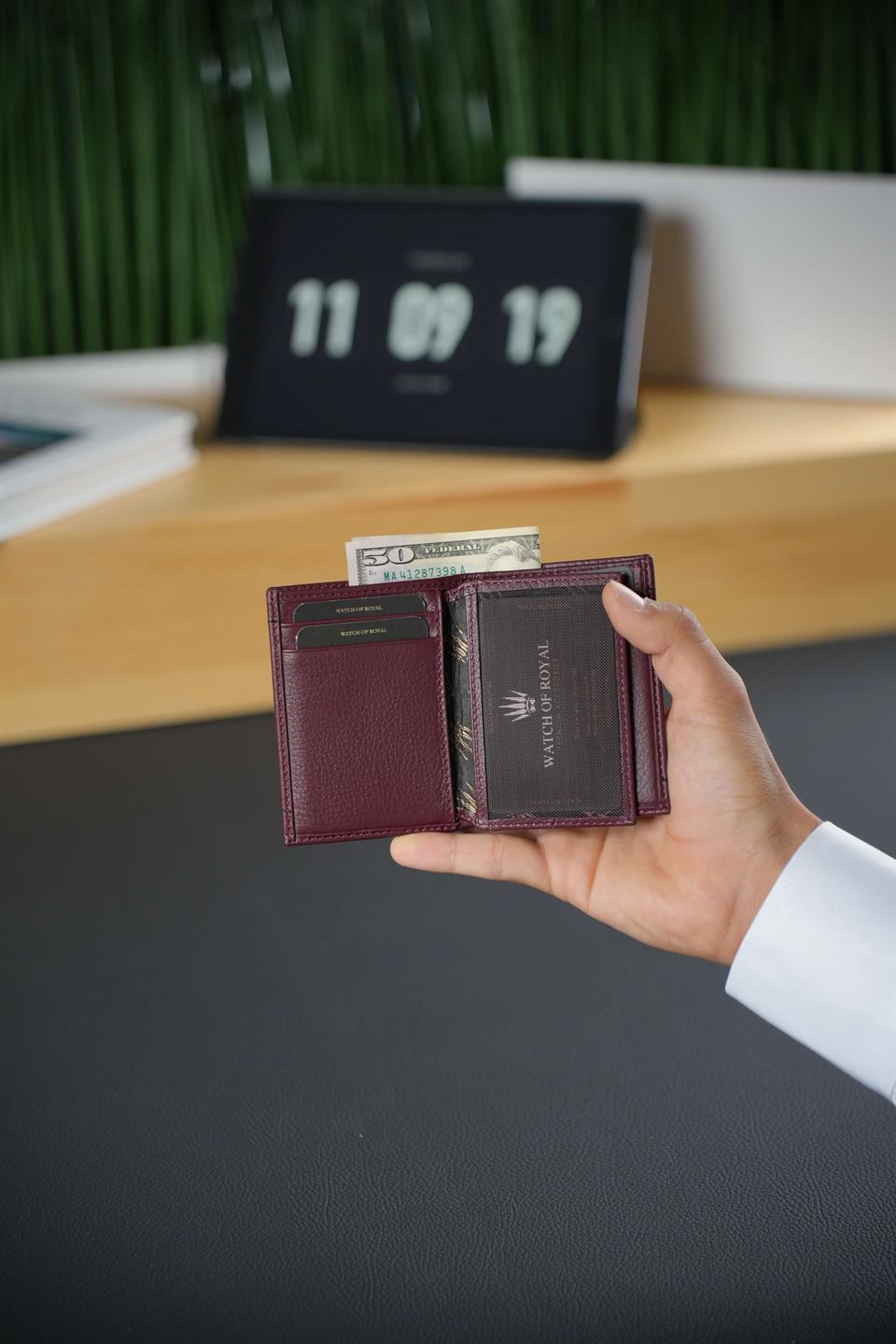 %100 Hakiki Deri Bordo Cüzdan 8 Kart Bölmeli Hafif ve Minimalist Tasarım, Modern Dikiş Detaylı Boris