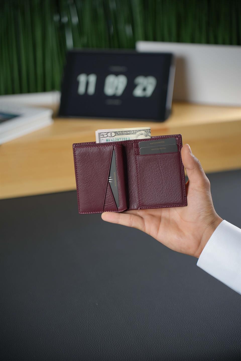 %100 Hakiki Deri Bordo Cüzdan 8 Kart Bölmeli Hafif ve Minimalist Tasarım, Modern Dikiş Detaylı Boris