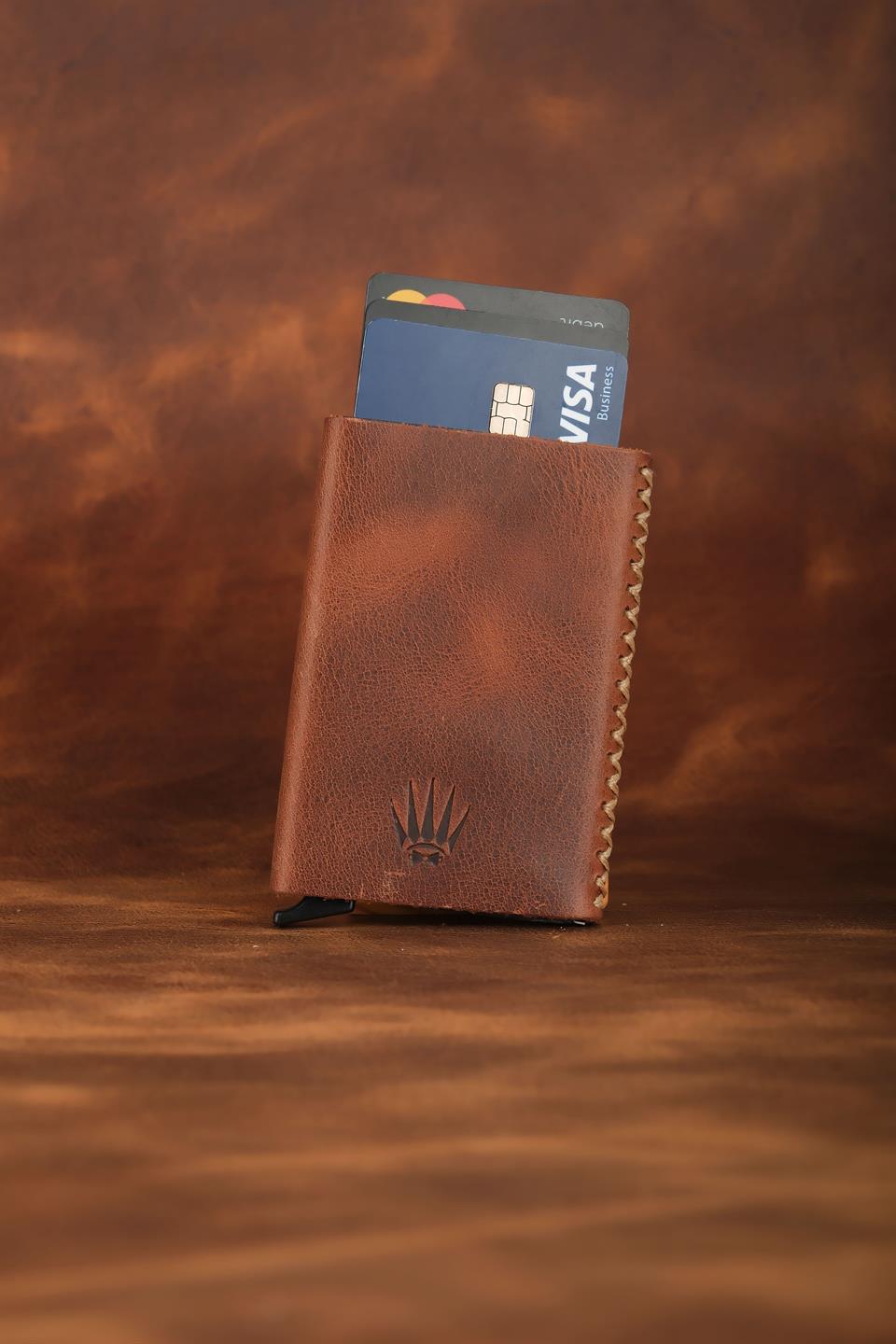 Cortex Slim Clot Kahve Hakiki Deri Bölmeli Kızaklı Mekanizmalı Kartlık 