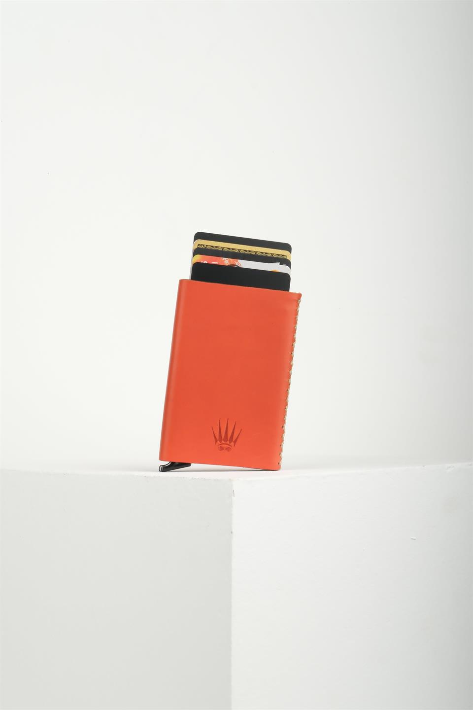 Cortex Slim Turuncu Hakiki Deri Bölmeli Kızaklı Mekanizmalı Kartlık