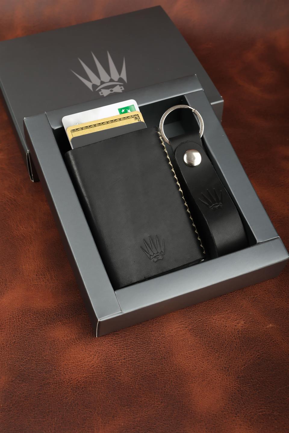 Hediye Seti Hakiki Deri Siyah Mekanizmalı Kartlık&Anahtarlık
