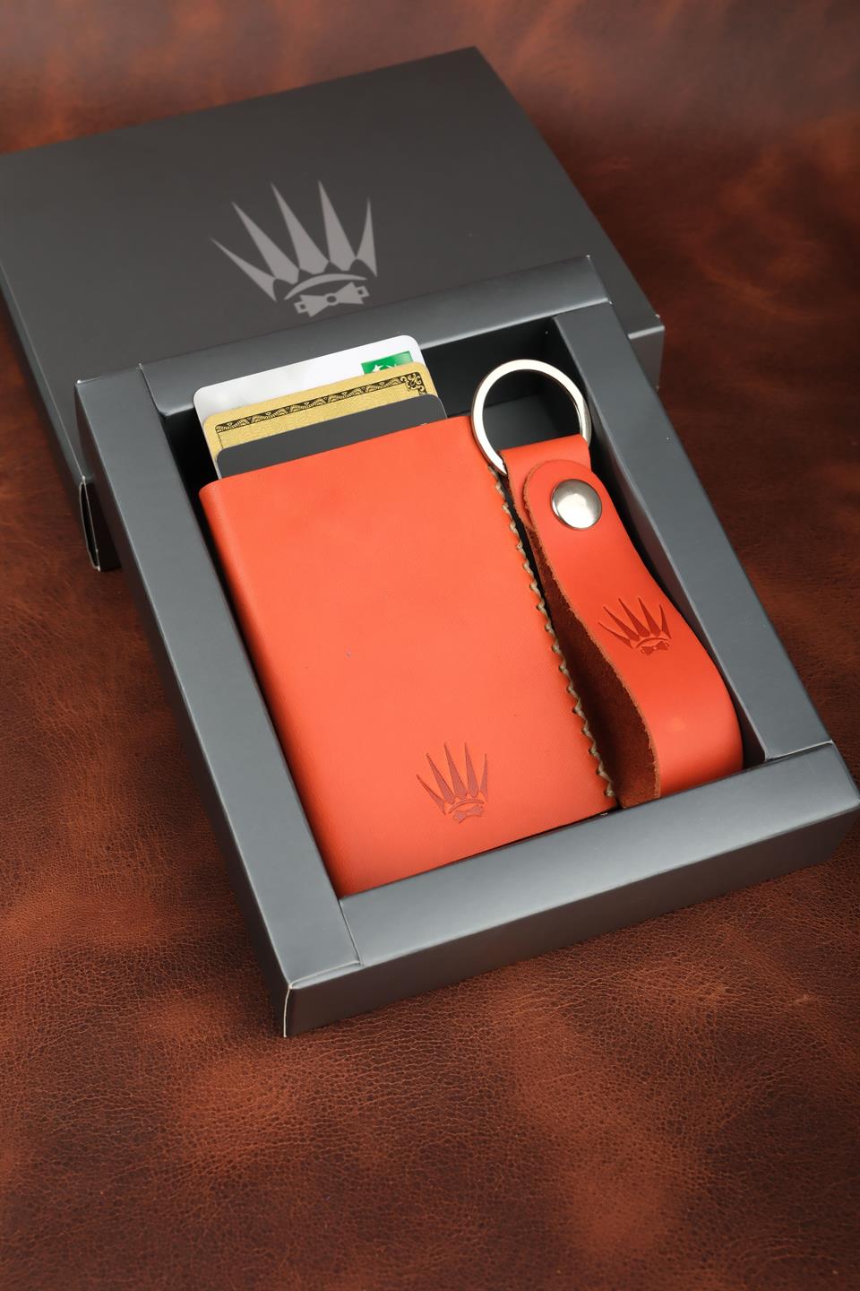Hediye Seti Hakiki Deri Turuncu Mekanizmalı Kartlık&Anahtarlık