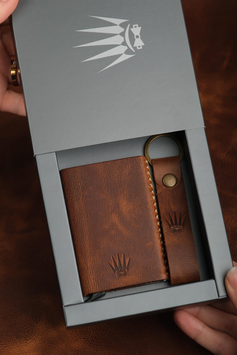 Hediye Seti Hakiki Deri Clot Kahve Mekanizmalı Kartlık&Anahtarlık