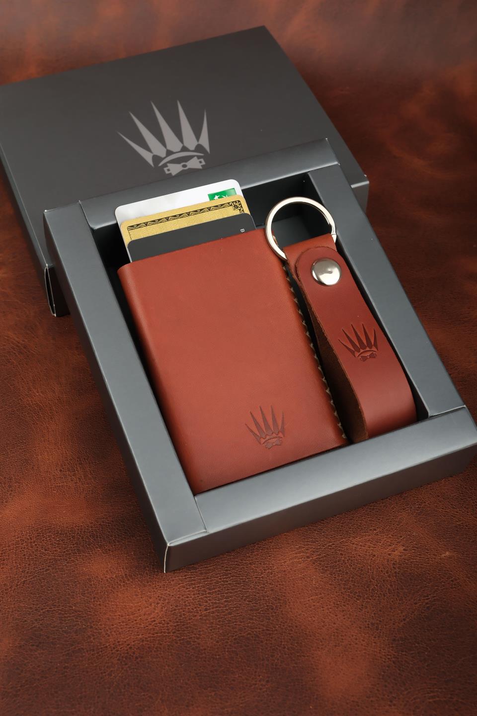 Hediye Seti Hakiki Deri Buttero Kiremit Mekanizmalı Kartlık&Anahtarlık