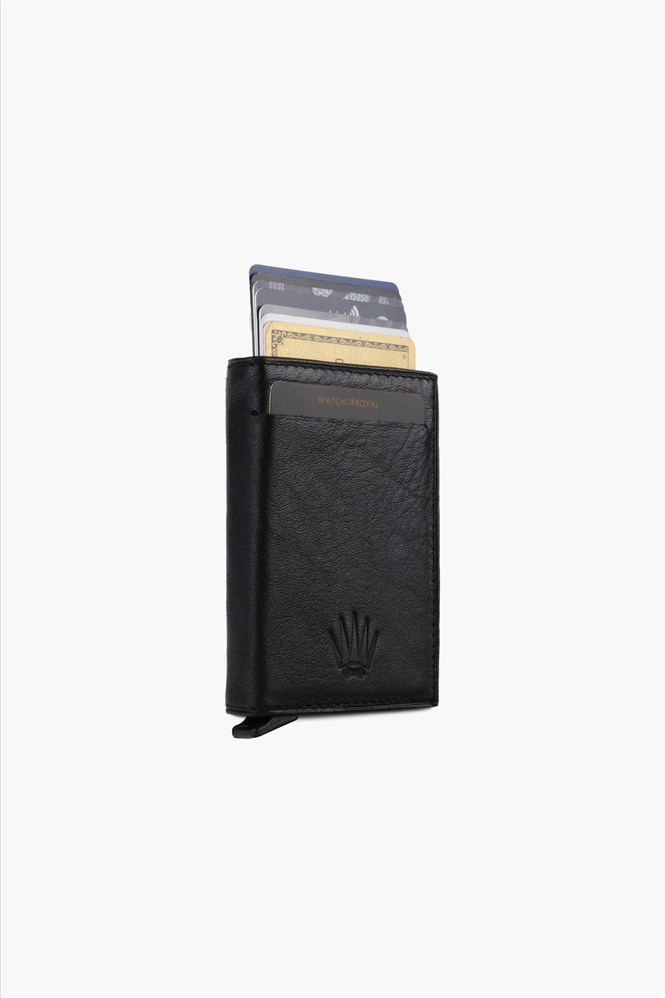 Hakiki Deri Siyah 12 Kart Kapasiteli RFID Korumalı Mekanizmalı Kartlık