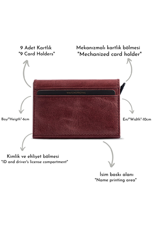 Hakiki Deri Bordo Cüzdan 9 Kart Bölmeli & Kartlık,Mekanizmalı ve RFID Korumalı Cüzdan Lexı