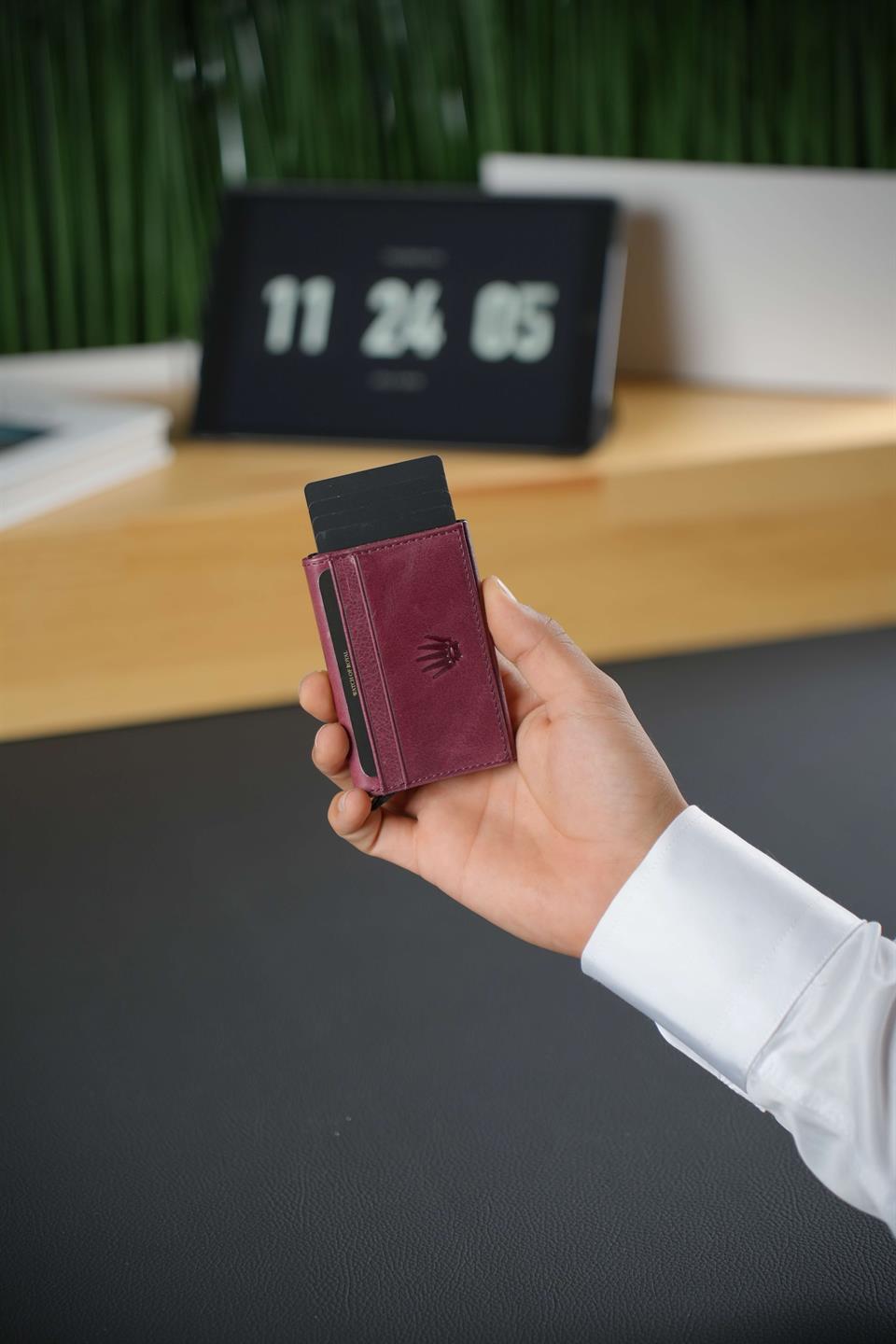 Hakiki Deri Bordo Cüzdan 9 Kart Bölmeli & Kartlık,Mekanizmalı ve RFID Korumalı Cüzdan Lexı
