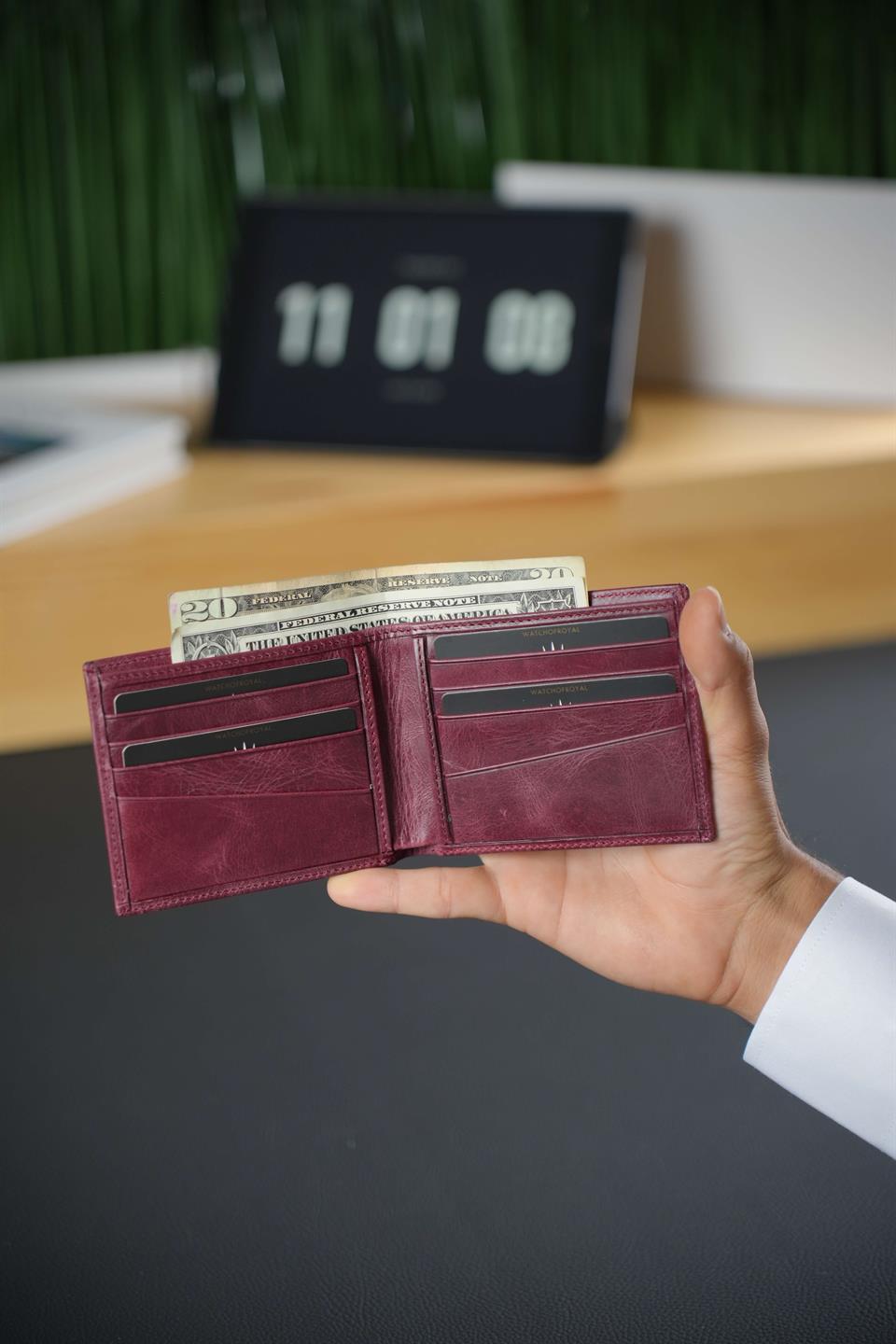 Hakiki Deri Cüzdan Crazy Bordo 13 Kart Bölmeli Tak Çıkar Kartlık, Çift Bölmeli Modern Tasarım Lizbon