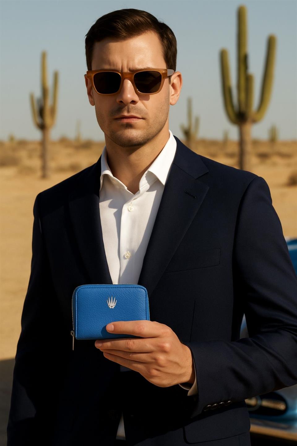 Lyon Mavi Hakiki Deri Cüzdan Kartlık 