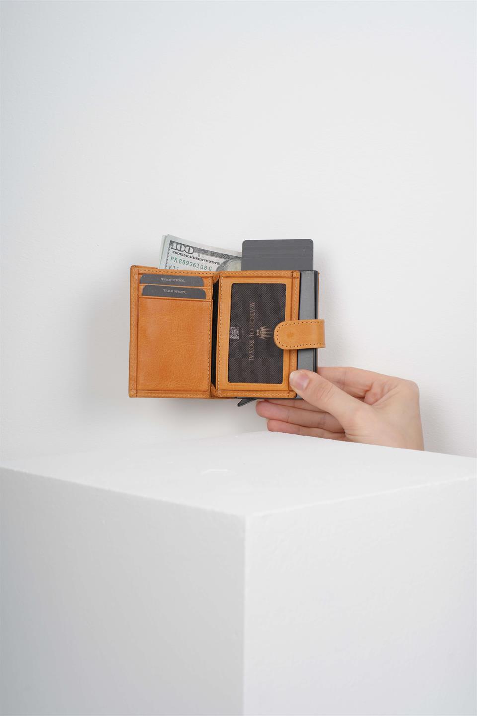 MEKANİZMALI KARTLIK CÜZDAN CRAZY SARI HAKİKİ DERİ 