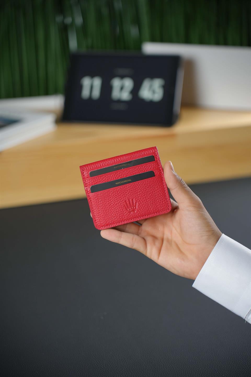 Slim Hakiki Deri Kırmızı Kartlık & Cüzdan - 8 Kart Bölmeli, Çelik Çıtçıt Kilit Sistemi, Para Bölmeli Dikiş Detaylı Pair