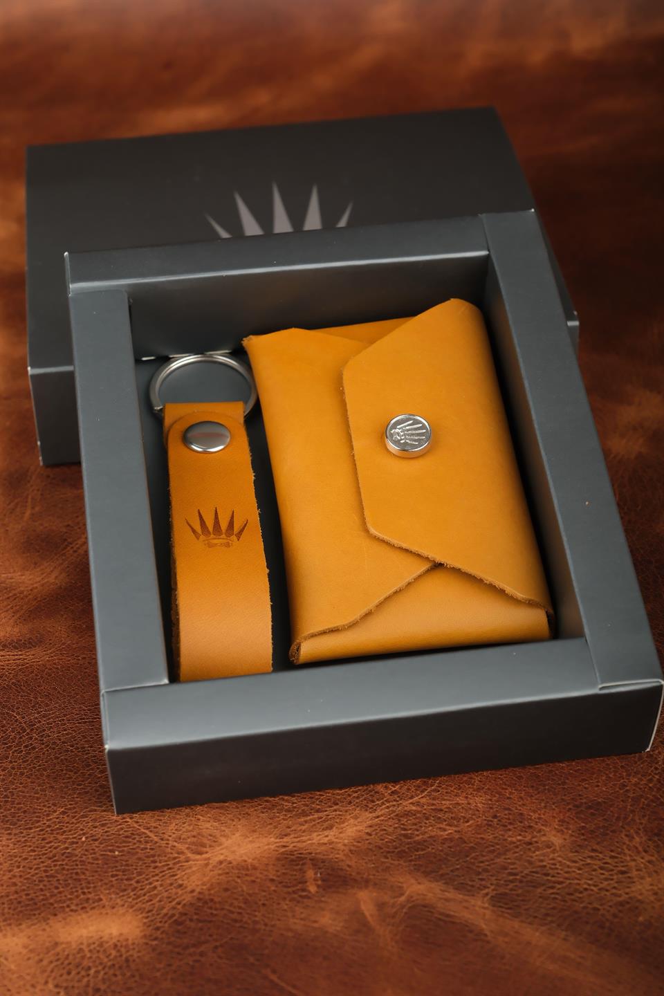 Çiçekli Hediye Seti Hakiki Deri Buttero Camel Cüzdan&Anahtarlık 