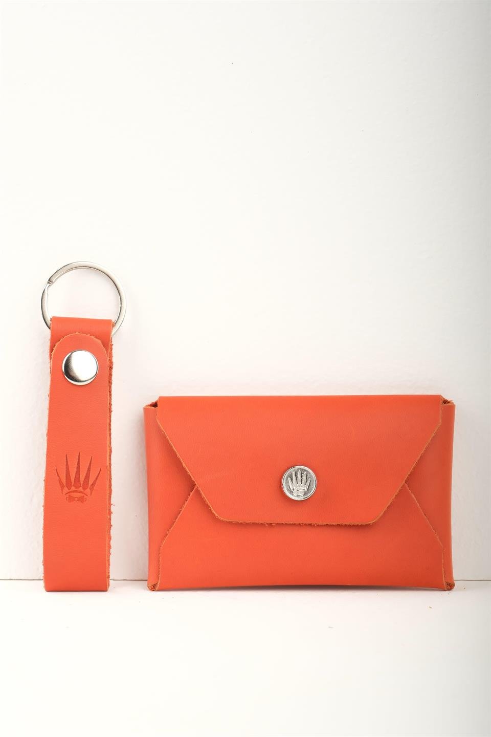 Çiçekli Hediye Seti Hakiki Deri Buttero Turuncu Cüzdan&Anahtarlık 