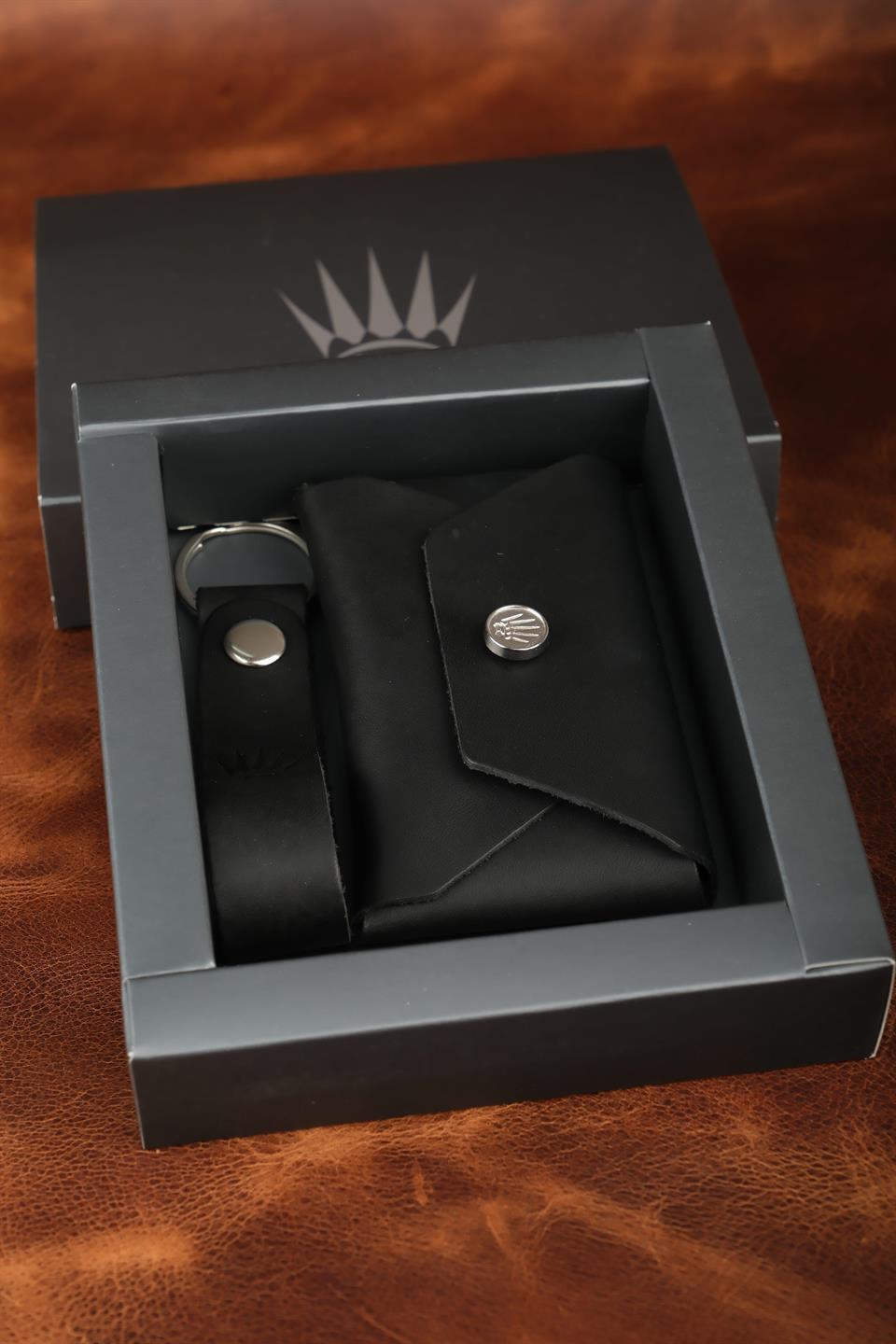 Ççiekli Hediye Seti Hakiki Deri Buttero Siyah Cüzdan&Anahtarlık 