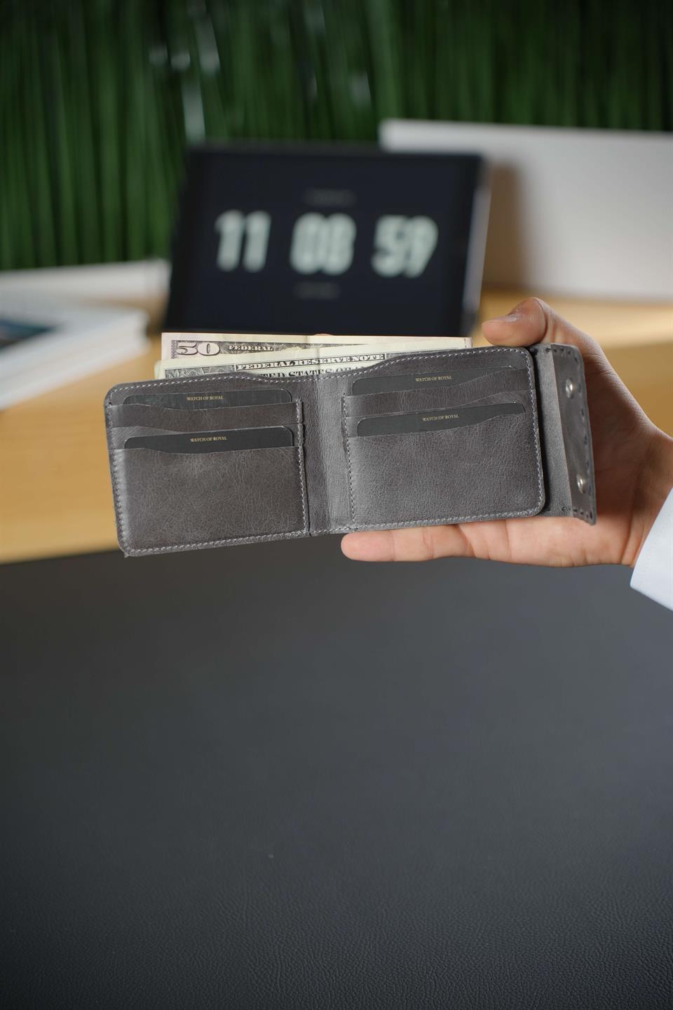 Hakiki Deri Crazy Gri Cüzdan 6 Kart Bölmeli Çift Klipsli Kilit Sistemi Toledo