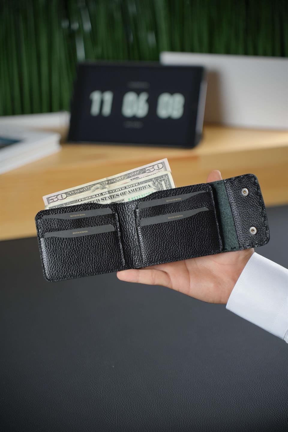 Hakiki Deri Siyah Cüzdan 6 Kart Bölmeli Çift Klipsli Kilit Sistemi Toledo