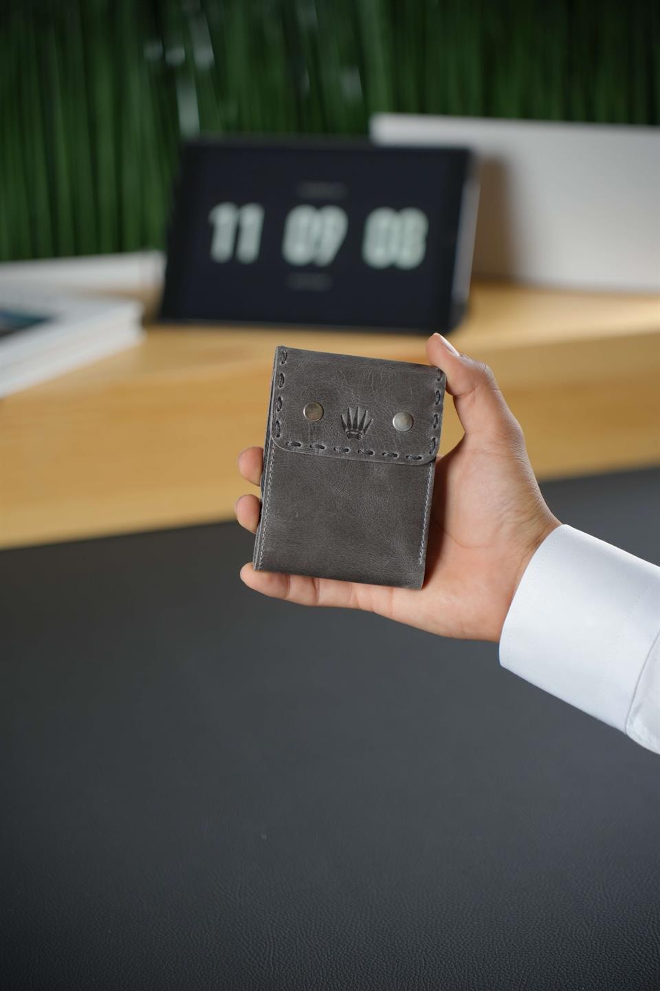 Hakiki Deri Crazy Gri Cüzdan 6 Kart Bölmeli Çift Klipsli Kilit Sistemi Toledo