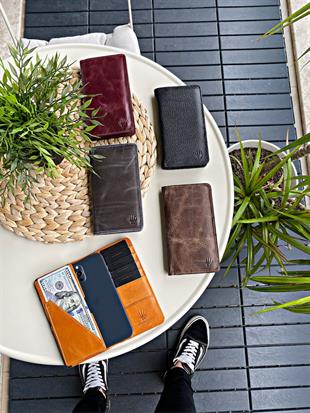 Hakiki Deri Cüzdan Crazy Gri Çift Bölme Telefon Cüzdanı 7 Kart Bölmesi  Portföy Çanta Elegant