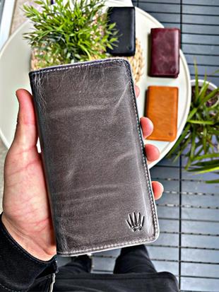 Hakiki Deri Cüzdan Crazy Gri Çift Bölme Telefon Cüzdanı 7 Kart Bölmesi  Portföy Çanta Elegant