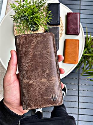 Hakiki Deri Cüzdan Crazy Kahverengi Çift Bölme Telefon Cüzdanı 7 Kart Bölmesi Portföy Elegant