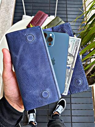 HAKİKİ DERİ MAVİ ERKEK KADIN CÜZDAN KREDİ KARTI TUTUCU 16 KART BÖLMELİ TELEFON BÖLMELİ DERİ CÜZDAN 