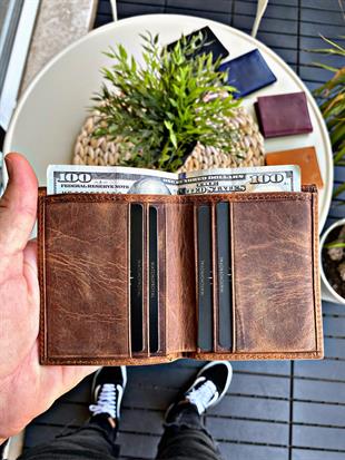 %100 Hakiki Deri Crazy Taba Cüzdan 6 Kart Bölmeli Hafif ve Minimalist Tasarım Wood