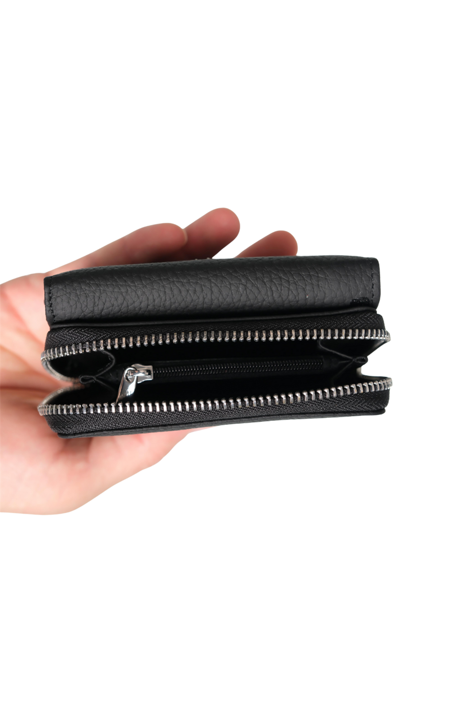 Hakiki Deri Cüzdan Siyah Kart Bölmeli Fermuarlı Çift Para Bölmeli Cüzdan Negro