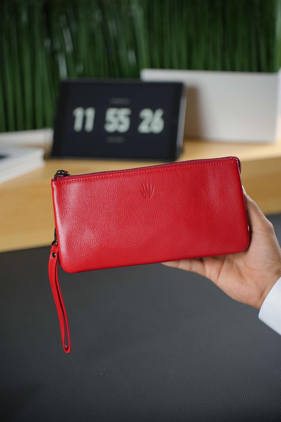 Hakiki Deri Kırmızı Çelik Fermuarlı Seyahat ve İş Organizatör Oxford