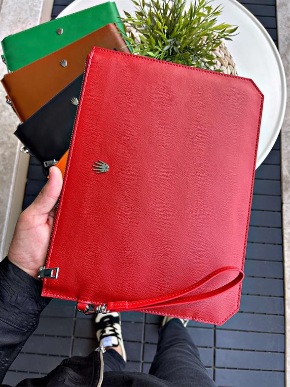 Özel Vegan Deri Kırmızı El Çantası Telefon ve Para Bölmeli El Tutma Askısı Minimalist Portföy Çanta Clutch