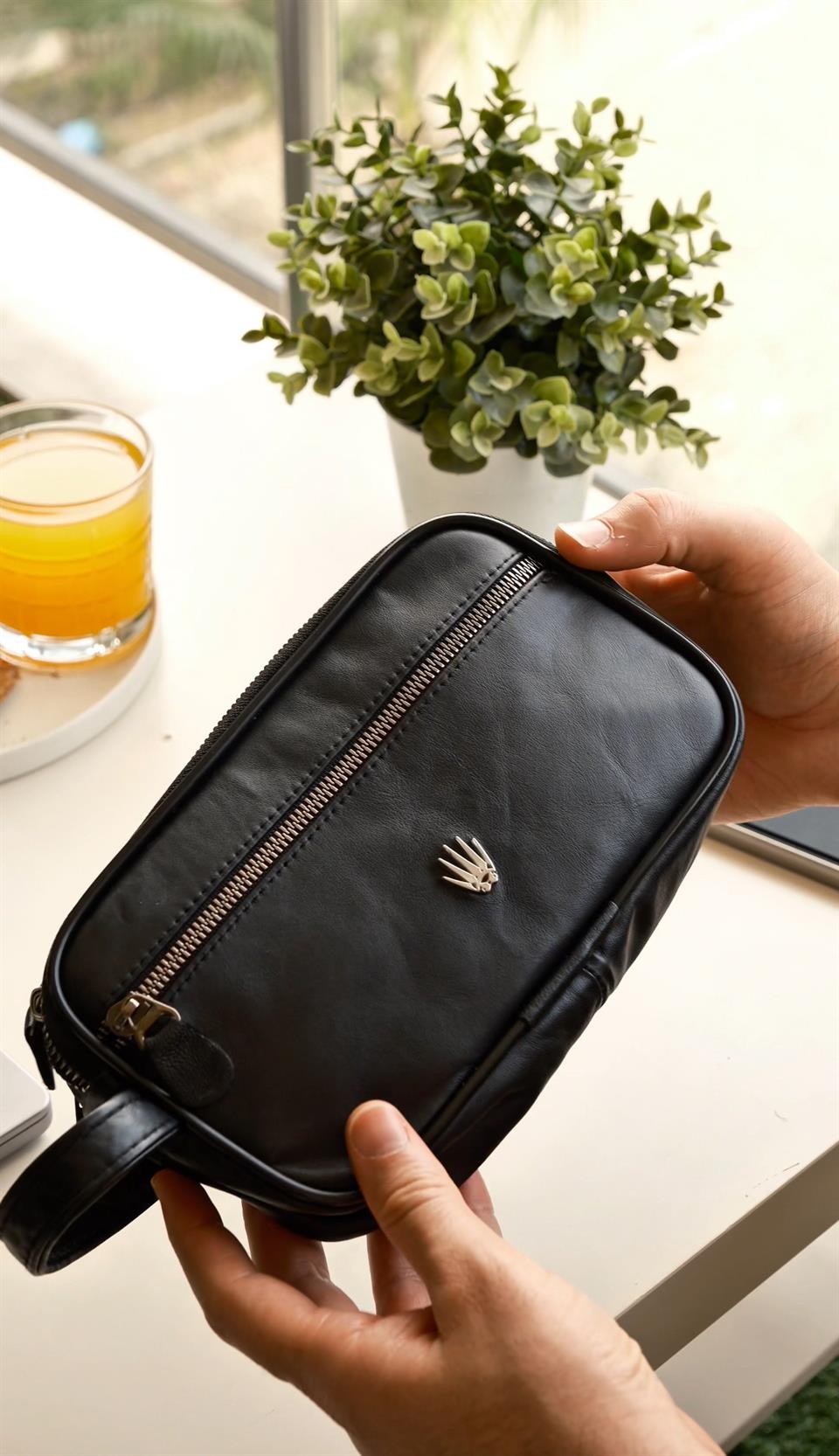 DOUBLE VEREV SİYAH HAKİKİ DERİ EL ÇANTASI