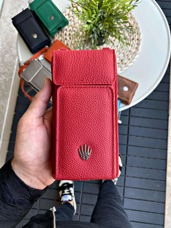 Hakiki Deri Kırmızı Askılı Çanta 4 Kart Bölmesi, Telefon ve Para Bölmesi, Fermuarlı, Çıtçıtlı Askılı Telefon Çantası Luısaw